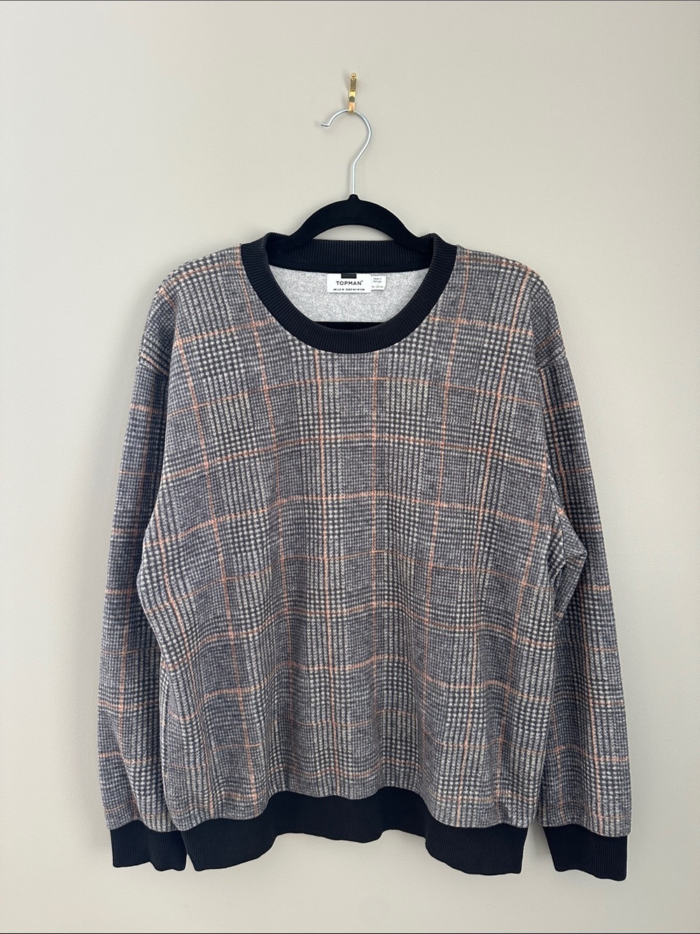 Topman Gray and Peach Plaid Crewneck Sweater